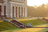 BRODSWORTH HALL, YORKSHIRE: THE HALL AT DAWN, SUMMER, LAWNS, CLIPPED TOPIARY, STEPS, DOG STATUES