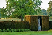 BRODSWORTH HALL, YORKSHIRE: SUMMER, LAWNS, CLIPPED TOPIARY YEW, STATUE, TREES