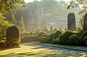 BRODSWORTH HALL, YORKSHIRE: SUMMER, CLIPPED TOPIARY HEDGES, HEDGING, DAWN, SUNRISE, MIST, FOG, GRASS, LAWN, CHURCH