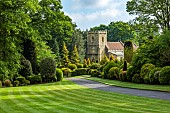 BRODSWORTH HALL, YORKSHIRE: SUMMER, CLIPPED TOPIARY HEDGES, HEDGING, GRASS, LAWN, CHURCH