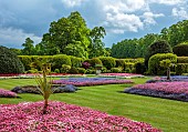 BRODSWORTH HALL, YORKSHIRE: SUMMER, CLIPPED TOPIARY HEDGES, HEDGING, BEDDING, LAWN, FORMAL BEDDING, TREES, VICTORIAN