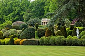 BRODSWORTH HALL, YORKSHIRE: SUMMER, LAWN, CEDAR, CLIPPED, TOPIARY, HEDGES, HEDGING, STATUE, STONE PAVILION, VICTORIAN