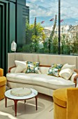 MAYFAIR PENTHOUSE GARDEN, LONDON, PLANTING ALASDAIR CAMERON: TERRACE, ROOF, TABLE, CHAIRS, CONSERVATORY, ECHIUMS, SPARTIUM JUNCEUM, CHAIRS, SEATING, SEATS, INSIDE OUT