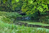 VEN HOUSE, SOMERSET: VIEW TO BRIDGE AND CASCADE, POOL, LAKE, POND, WATER, JUNE, SUMMER, WOODLAND