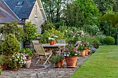 WESTBROOK HOUSE, SOMERSET: TERRACE, PATIO, LAWN, WOODEN TABLE, CHAIRS, TERRACOTTA CONTAINERS, GERANIUMS, COUNTRY, GARDEN