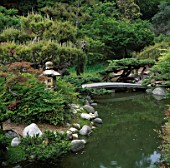 A STONE BRIDGE AND STREAM IN THE JAPANESE GARDEN AT THE HUNTINGTON BOTANICAL GARDENS  LOS ANGELES  CALIFORNIA.