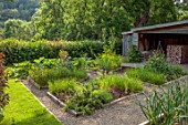 HURDLEY HALL, POWYS, WALES: JULY, POTAGER, KITCHEN GARDEN, VEGETABLE GARDEN, FORMAL, WOOD STORE, PATHS