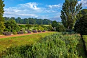 EASTON WALLED GARDEN, LINCOLNSHIRE: SUMMER, JULY, LAWN, BORDERS, PATH, LANDSCAPE, BORROWED, WATER, TREES