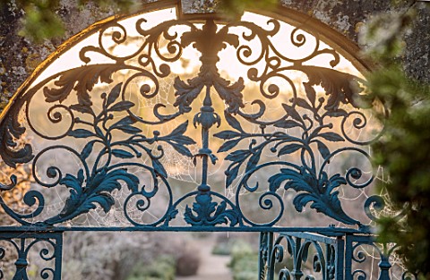 ROUSHAM_OXFORDSHIRE_JANUARY_FROST_FROSTY_WINTER_DAWN_SUNRISE_THE_WALLED_GARDEN_DETAIL_OF_METAL_GATE