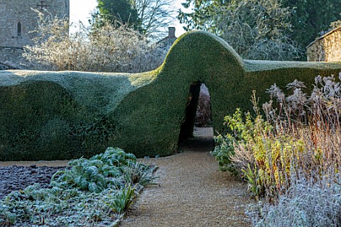 ROUSHAM_OXFORDSHIRE_JANUARY_WINTER_THE_WALLED_VEGETABLE_GARDEN_POTAGER_YEW_HEDGES_HEDGING_CHURCH