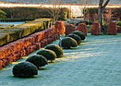 LOWER BOWDEN MANOR, BERKSHIRE: WINTER, FROST, FROSTY, JANUARY, FORMAL GARDEN, LAWN, BEECH, YEW, HEDGES, HEDGING, RILL, SCULPTURE BY LAURENCE BONNEL