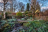 YORK GATE, LEEDS: SNOWDROPS, GALANTHUS, THE DELL, WINTER, PATHS, GOLDEN KING HOLLY, TREE FERNS, FOLIAGE, LEAVES, FEBRUARY, DICKSONIA ANTARCTICA, FOLLY, BUILDING