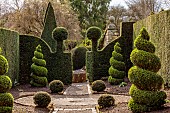 YORK GATE, LEEDS: CLIPPED TOPIARY SHAPES, HEDGES, HEDGING, PATHS, WINTER, FEBRUARY, HERB GARDEN