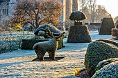 HEVER CASTLE, KENT: MARCH, WINTER, SPRING, THE TOPIARY WALK, CASTLE, LAWN, CLIPPED, REINDEER, FROST
