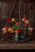 SMITH & MUNSON, LINCOLNSHIRE: DUTCH MASTER, PEWTER JUG AND PLATE WITH RED, ORANGE, YELLOW FLOWERS OF TULIP STRIPED CROWN, SPRING, MAY