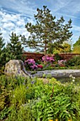 CHELSEA 2022: A SWISS SANCTUARY BY LILLY GOMM: METAL SEAT, BENCH, RHODODENDRONS, GRAVEL PATHS, ROCKS, WATERFALL, POOL, POND. PINES, FENCE, FENCING