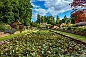 THE SUMMERHOUSE, OXFORDSHIRE: JULY, SUMMER, VIEW ALONG CANAL, POND, POOL, WATER, GARDEN TO HOUSE, BORDERS, YEW PYRAMIDS, MAPLES, TREES, WATERLILIES, COTSWOLDS