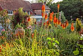 HIGHLANDS, SUSSEX: SUMMER, BORDERS, RED HOT POKERS, KNIPHOFIA, TERRACOTTA CONTAINER, HOUSE, STIPA GIGANTEA, LOBELIA TUPA, CLEMATIS