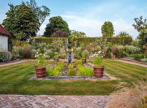 HIGHLANDS_SUSSEX_WHITE_GARDEN_ONOPORDUM_ACANTHIUM_BARN_LAWN_PATHS_POND_POOL_BORDERS_WATER_FEATURE_WH