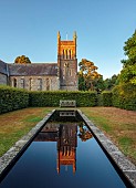 STOCKCROSS HOUSE, BERKSHIRE: LONG BLACK POOL, RILL WITH CHURCH REFLECTED IN IT, REFLECTIONS