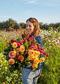 FLOWER & FARMER: MILLY IN THE FLOWER FIELD WITH DAHLIAS, SUMMER, SEPTEMBER