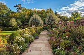 MORTON HALL GARDENS, WORCESTERSHIRE: THE SOUTH GARDEN, BORDERS, LAWN, SEPTEMBER, COSMOS, CLEOME, ECHINACEA, PATHS