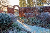 ORDNANCE HOUSE, WILTSHIRE: FROST, FROSTY, WINTER, BORDERS, BEECH, HEDGES, HEDGING, PYRUS CHANTICLEER, COUNTRY, GARDEN