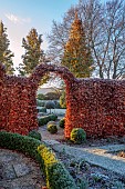 ORDNANCE HOUSE, WILTSHIRE: FROST, FROSTY, WINTER, BORDERS, BEECH, HEDGES, HEDGING, PYRUS CHANTICLEER, COUNTRY, GARDEN