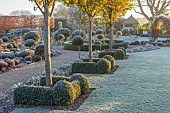 ORDNANCE HOUSE, WILTSHIRE: FROST, FROSTY, WINTER, BOX, HEDGE, HEDGING, SUMMERHOUSE, PYRUS CHANTICLEER, FORMAL, COUNTRY, GARDEN