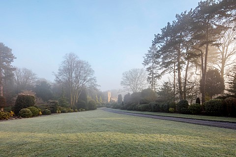 BRODSWORTH_HALL_YORKSHIRE_WINTER_JANUARY_FROST_VICTORIAN_MIST_FOG_HEDGES_HEDGING_LAWN_CHURCH
