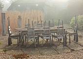 LONGYARD COTTAGE, ESSEX: WINTER, FEBRUARY, MIST, FOG, FOGGY, LAWN, WOODEN TABLE, CHAIRS, CUT MISCANTHUS STEMS, WOODEN SCULPTURE, LAWN