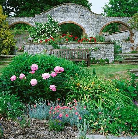 PEONIES_DOMINATE_THE_BORDER_AT_JENKYN_PLACE_GARDEN__HAMPSHIRE_STONE_ARCHES_AND_A_SEAT_IN_THE_BACKGRO
