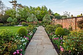 MORTON HALL GARDENS, WORCESTERSHIRE: TULIPS, SOUTH GARDEN, WALLS, WALLED GARDEN, COUNTRY, PATHS