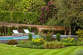 DESIGNER JAMES SCOTT, THE GARDEN COMPANY: SMALL, FORMAL, TOWN, GARDEN, SWIMMING POOL, LAWN, STEPS, SEATING, BORDERS, EUPHORBIA, FENCE, FENCING