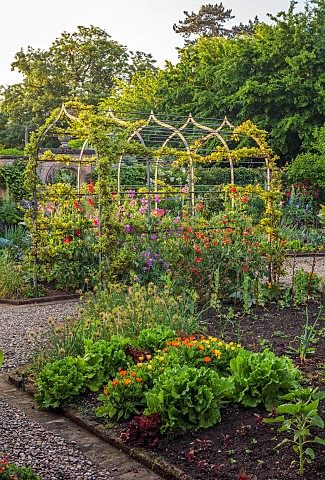 MORTON_HALL_GARDENS_WORCESTERSHIRE_ARCH_IN_KITCHEN_GARDEN_POTAGER_WITH_SWEET_PEAS