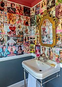 PRIVATE GARDEN, DEDHAM VALE, SUFFOLK: CLOAKROOM, VINTAGE VOGUE COVERS, PINK RHUBARB PAINT BY PAINT AND PAPER LIBRARY, DOWN PIPE PAINT BY FARROW & BALL