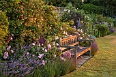 PRIVATE GARDEN, DEDHAM VALE, SUFFOLK: LAWN, BORDER, WOODEN BENCH, BALUSTRADE, ROSES, CATMINT