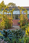 MORTON HALL GARDENS, WORCESTERSHIRE: JULY, KICHEN GARDENS, POTAGER, VEGETABLE, CONTAINER, CABBAGES, ARCH, CANNA