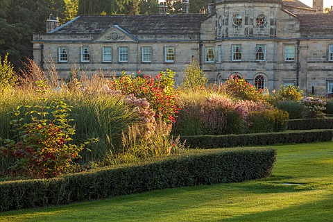GRANTLEY_HALL_YORKSHIRE_LAWN_BORDERS_ANEMANTHELE_LESSONIANA_HYDRANGEA_PANICULATA_UNIQUE_PHOTINIA_RED