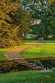 GRANTLEY HALL, YORKSHIRE: LAWN, STEPPING STONES, WATER, PATH, PATHS, SEPTEMBER