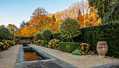 THE OLD VICARAGE, WORMINGFORD, ESSEX: DESIGNER JEREMY ALLEN: NOVEMBER, FALL, AUTUMN, YEW HEDGES, HEDGING, RILL, CLIPPED PYRUS SALICIFOLIA, HYDRANGEA ANNABELLE, SEAT