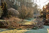 IFORD MANOR, WILTSHIRE: FROST, FROSTY, WINTER, TERRACE, ITALIANATE, HAROLD PETO, LILY POOL, WISTERIA