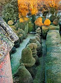 BECKLEY PARK, OXFORDSHIRE: FROST, FROSTY, WINTER, HOUSE, CLIPPED TOPIARY, HEDGES, HEDGING, YEW