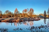 BECKLEY PARK, OXFORDSHIRE: FROST, FROSTY, WINTER, LAKE, WATER, ISLAND, TEMPLE, EIGHT STONE COLUMNS