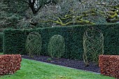 COTTESBROOKE HALL AND GARDENS, NORTHAMPTONSHIRE: WINTER, FEBRUARY, ROSES TRAINED BY JENNY BARNES, YEW HEDGES, HEDGING