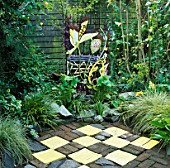 WATER FEATURE: SPECTACULAR COPPER AND CERAMIC FOUNTAIN  WITH CERAMIC TILE ( SLAB ) AND BRICK CHEQUERBOARD DESIGN PARTERRE. DESIGNER: KEEYLA MEADOWS  SAN FRANCISCO