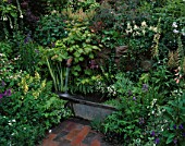 WATER FEATURE: WATER GUSHES FROM SPOUT INTO OLD TIN BATH SURROUNDED BY FERNS. THE SPOUT GARDEN  CHELSEA 97. DESIGNER: ROGER PLATTS