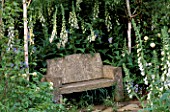 SIMPLE STONE SEAT IN SECLUDED CORNER SURROUNDED BY FOXGLOVES. THE EVENING STANDARD GARDEN. DESIGNER: XA TOLLEMACHE. CHELSEA 97