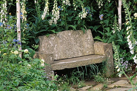 SIMPLE_STONE_SEAT_SURROUNDED_BY_FOXGLOVES_THE_EVENING_STANDARD_GARDEN_DESIGNER_XA_TOLLEMACHE_CHELSEA