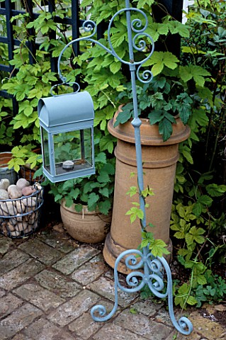 CHIMNEY_POT_AND_VICTORIAN_LAMP_STAND_ON_BRICK_TERRACE__DESIGNER_JONATHAN_BAILLIE